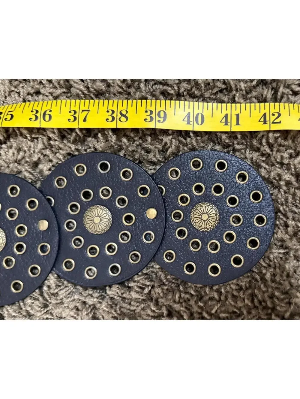 Vintage Y2K Statement Belt Black Disc + Brass Buckle and Grommet L/XL Hip Belt